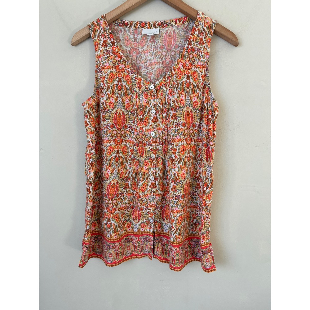 J. Jill Womens S Petite Orange Pink Paisley Floral Button Front Sleeveless Top